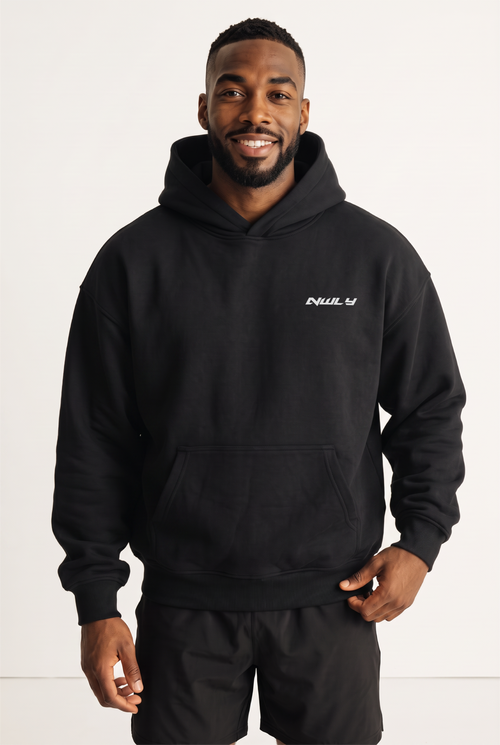 NWLY black oversized performance hoodie, front view