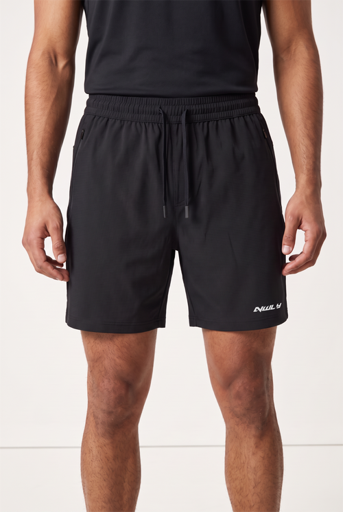 NWLY black performance training shorts, front view